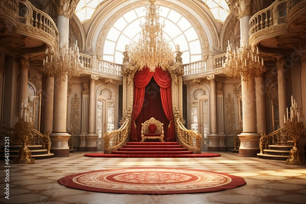 Obraz Interior of royal palace with red carpet and stairway, 3d render