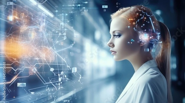 Fototapeta Close up of woman with a hologram screen background. 3d AI generated image