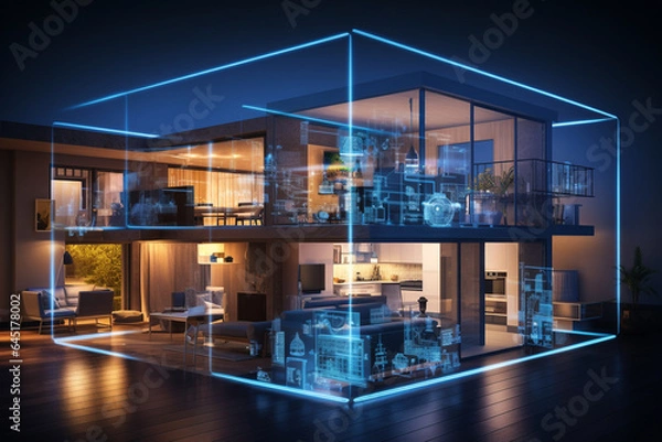 Obraz 3d rendering of a smart house with a map on the screen