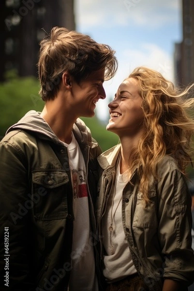 Fototapeta Portrait of a happy romantic teenagers couple outdoors in a New York city park in a sunny day. Generative AI