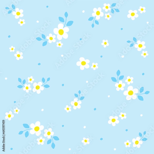 Fototapeta Cute Doodle White Daisy Chamomile Flower Element with Leaves Floral Ditsy Leaf Polkadot Dot Confetti. Abstract Organic Shape Hand Drawn Hand Drawing Cartoon. Color Seamless Pattern Blue Background.