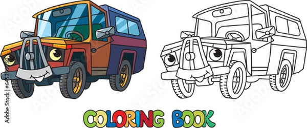 Fototapeta Funny old pick-up truck with eyes. Coloring book