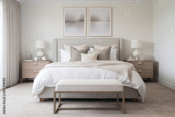 Fototapeta A Scandinavian-inspired bedroom with a luxurious upholstered bed, crisp white linens, and soft neutral tones.