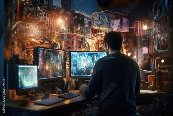 Fototapeta man working on computer , night time, AI Generated