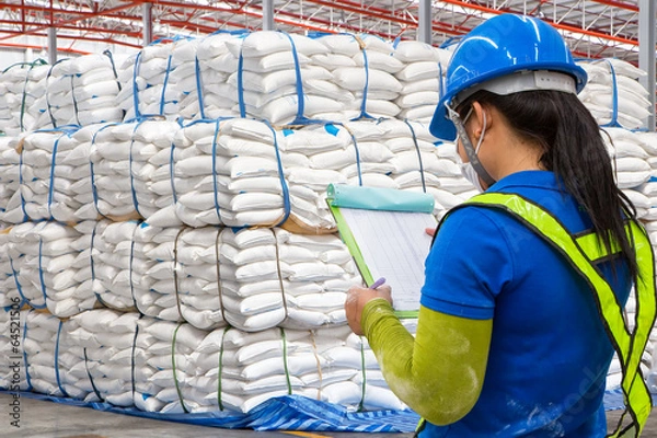 Fototapeta stacked sacks of meal in warehouse waiting for transportation