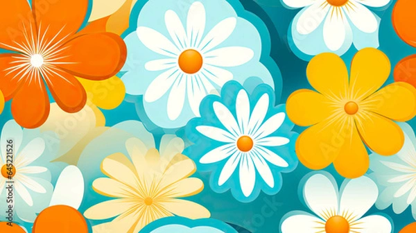 Fototapeta Seamless 70s Retro floral Style poster art with flowers, and retro colors such as orange, pale blue, yellow and greens. Background wall art. Repetitive texture.