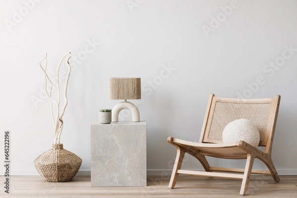 Obraz View of modern scandinavian style interior with chair and trendy vase, Home staging and minimalism concept