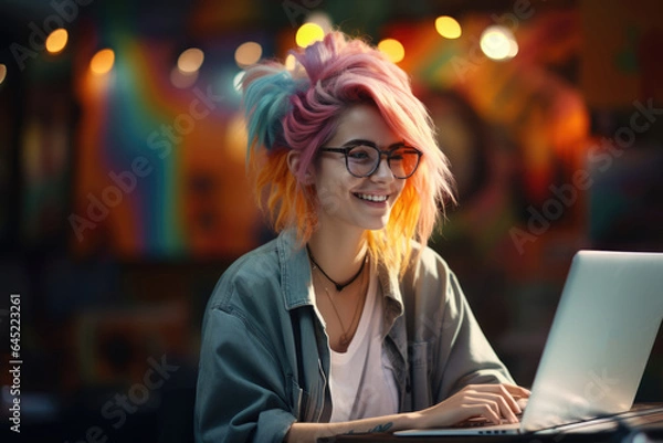 Fototapeta woman designer working on computer , night time, AI Generated