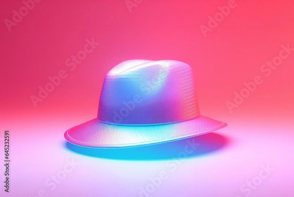 Obraz Holographic, Hat, solid, profile, sleek glass thickness, transparent, pink and white and blue smooth color background, rendering, cinematic lighting. 