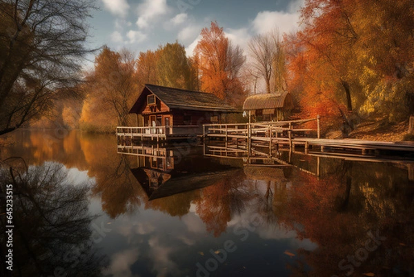 Obraz In the holiday cottage by the lake, the autumn scenery is charming and pleasant. 