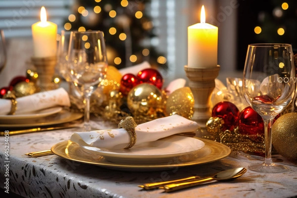 Obraz White, red and gold Happy New Year elegant fine dining table place setting in gold theme Christmas and New Year decorations. 