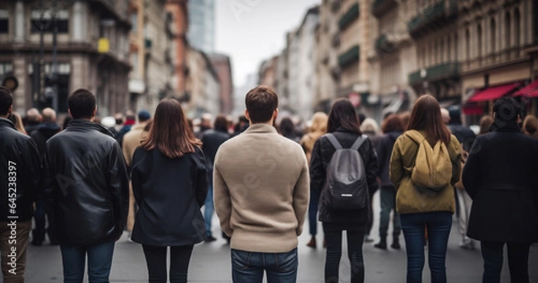 Fototapeta Crowd of people walking on the street. Street protest. Figures of people standing with their backs on the street in the city center
