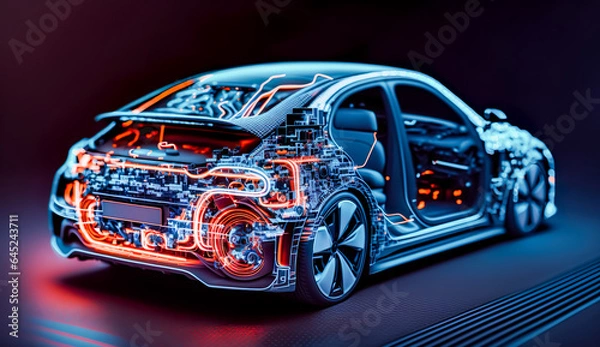 Fototapeta EV electric car system or futuristic automotive technology with connecting power control.super computer in modern machine.artificial intelligence development.