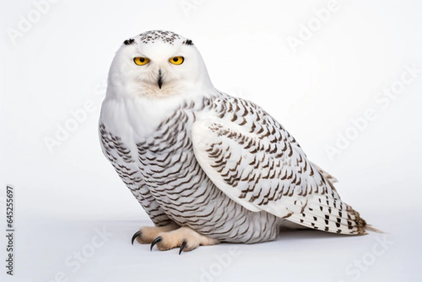 Fototapeta a white owl with yellow eyes sitting on a white surface