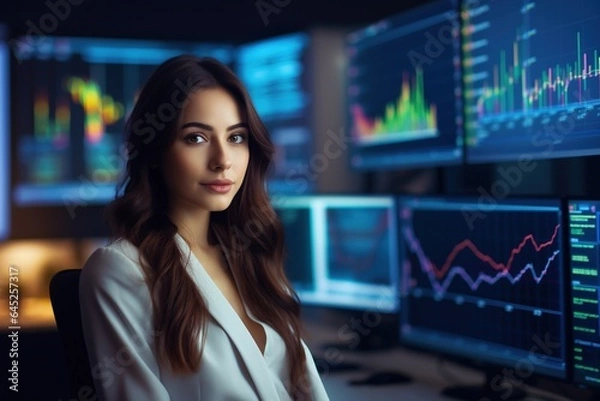 Fototapeta Attractive young businesswoman working on desktop computer with stock market chart on screen.Generative Ai