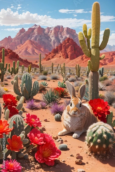 Fototapeta Desert landscape with flowering cactuses rabbit