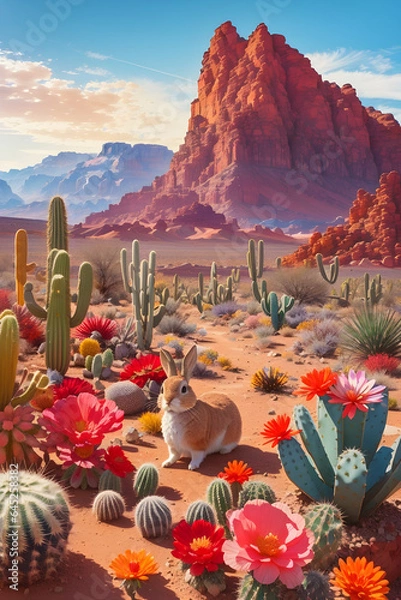 Fototapeta Desert landscape with flowering cactuses rabbit