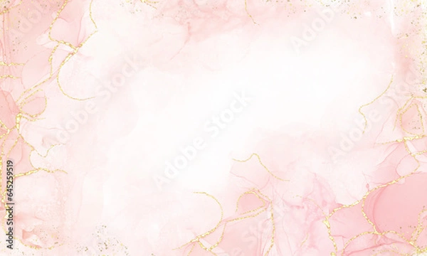 Fototapeta Pink alcohol ink mixed with glitter gold pattern elegant abstract ink flow art with translucent background.
