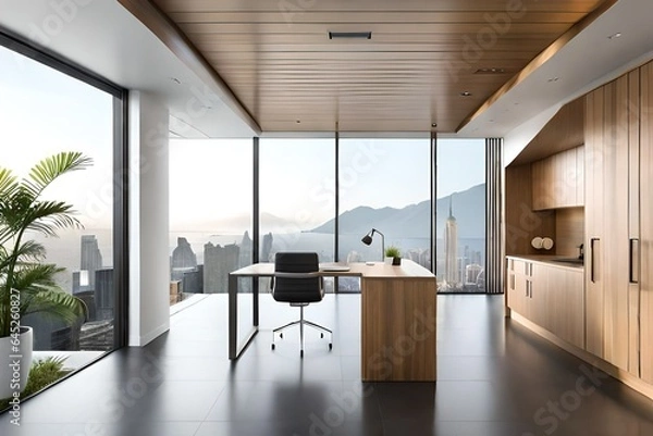 Fototapeta home office with an integrated floating desk positioned beneath a minimalist cantilevered staircase, optimizing space and aesthetics for efficient work from home