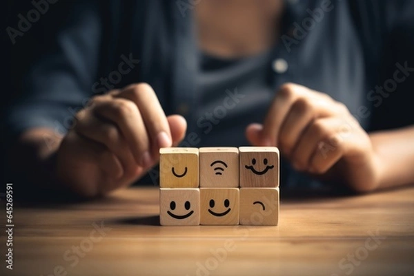 Fototapeta A wooden block with smiley faces on it