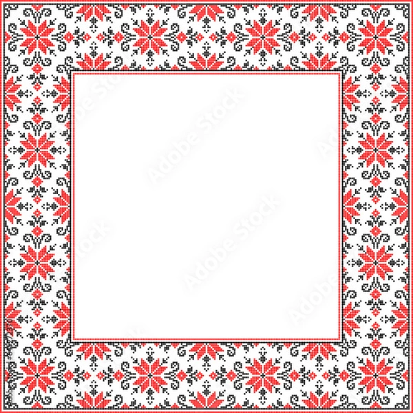 Fototapeta Vector illustration of Ukrainian ornament in ethnic style, identity, vyshyvanka, embroidery for print clothes, websites, banners. Background. Geometric design, border, copy space, frame