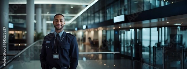 Fototapeta A smiling security guard at work against the background of a business center or office with a place to copy.