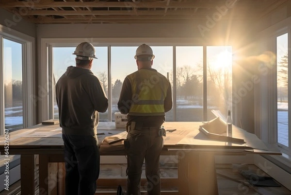 Fototapeta Abendliche Bauarbeiten: Handwerker beim Trockenbau im Dämmerlicht