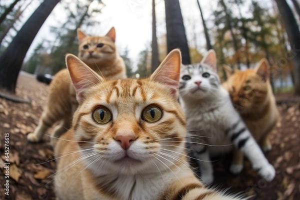 Fototapeta Cats taking a selfie on a blurred background. A group funny cats, Generative AI
