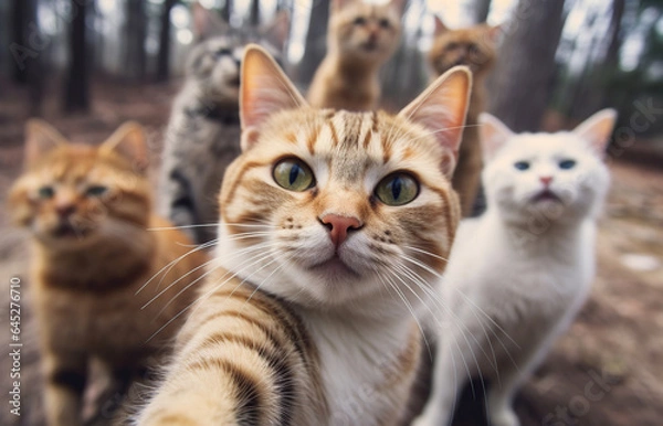 Fototapeta Cats taking a selfie on a blurred background. A group funny cats, Generative AI