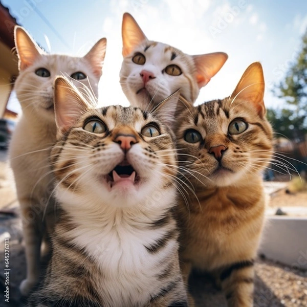 Fototapeta Cats taking a selfie on a blurred background. A group funny cats, Generative AI