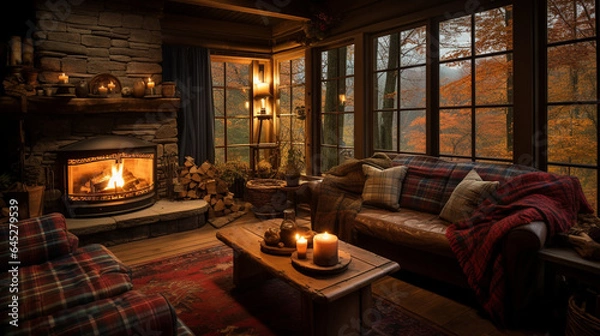 Fototapeta A cozy cabin in the woods with a warm fireplace and plaid blankets, offering a tranquil escape for a Thanksgiving retreat