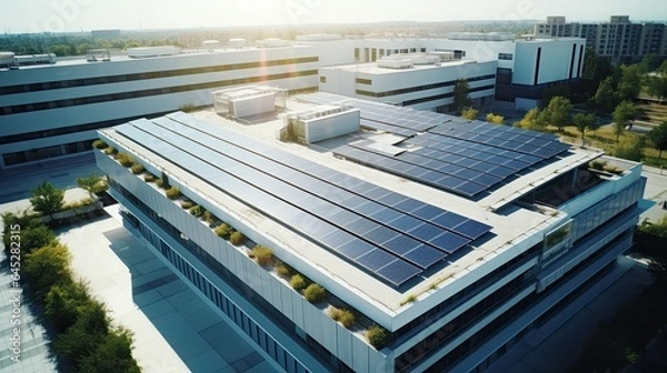 Fototapeta Solar panels integrated into architectural design of a modern building, emphasizing sustainable architectur