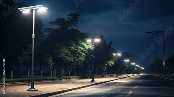 Fototapeta Solar-powered streetlights lining a pathway, capturing the application of solar tech in public spaces