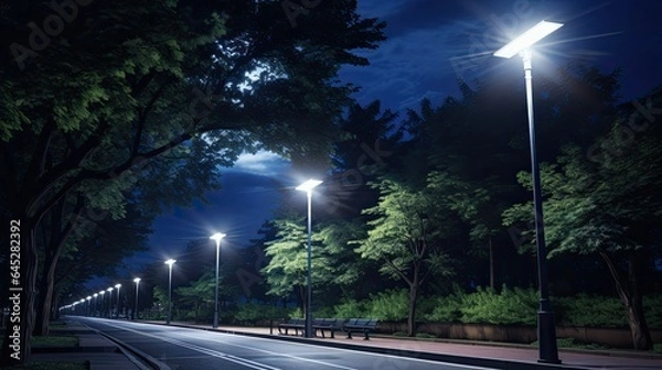 Fototapeta Solar-powered streetlights lining a pathway, capturing the application of solar tech in public spaces
