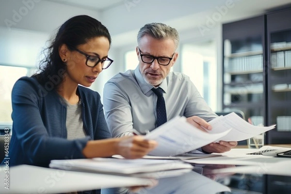 Fototapeta Two financial experts discussing accounting tax documents in office. Mature business executive colleagues doing paperwork. generative AI