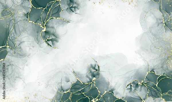 Fototapeta green alcohol ink and green watercolor Elegant abstract ink flow art mixed with golden pattern with translucent background.