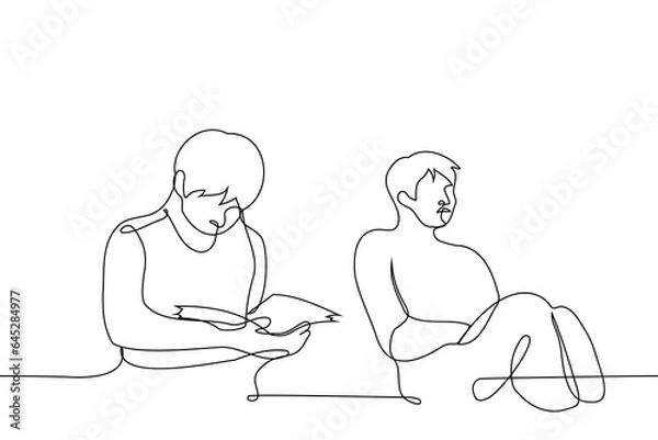 Fototapeta man reads a book while the man next to him is sleeping while sitting - one line art vector. concept while one person is studying, the other is sleeping