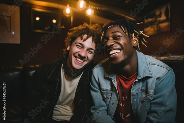 Fototapeta In a studio setting, two interracial best friends laugh and have a great time together, exemplifying their strong friendship.