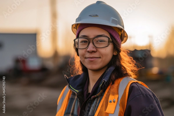 Fototapeta Happy young woman with white helmet. ia generate