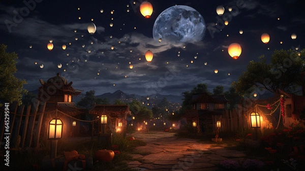 Fototapeta Serene Day of the Dead Scene in Rural Mexican Village Children Releasing Lanterns to Guide Departed