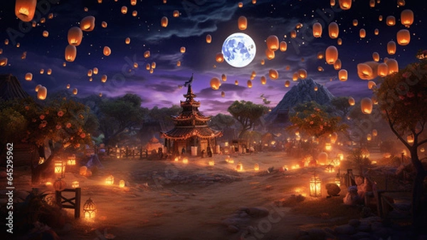 Fototapeta Serene Day of the Dead Scene in Rural Mexican Village Children Releasing Lanterns to Guide Departed