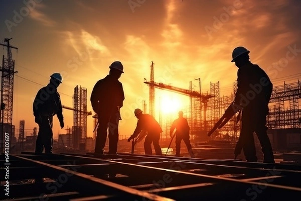 Fototapeta Silhouette construction work during sunset time industry construction building concept