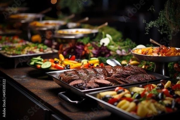 Fototapeta Catering buffet food in restaurant or cafe with meat and vegetables
