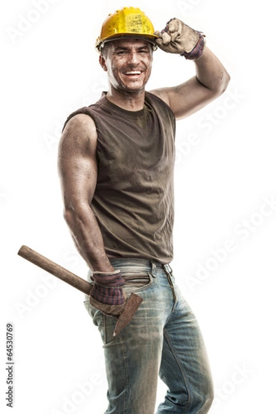 Obraz Young dirty Worker Man With Hard Hat helmet  .holding a hammer a