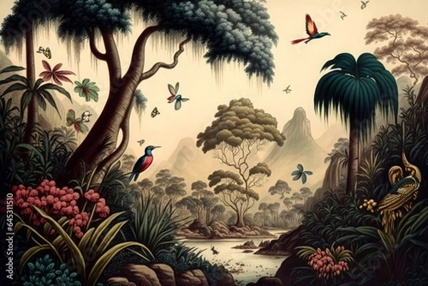 Fototapeta tropical forests with valleys, colorful birds and butterflies in a vintage landscape drawing, Generative AI