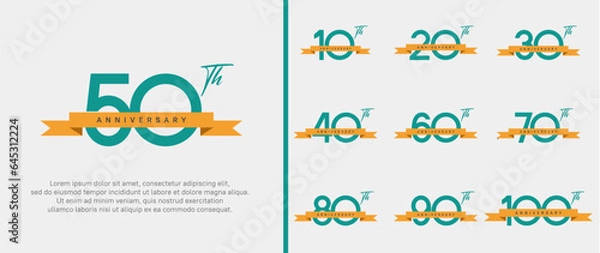 Fototapeta set of anniversary logo green color number and orange ribbon on white background for celebration