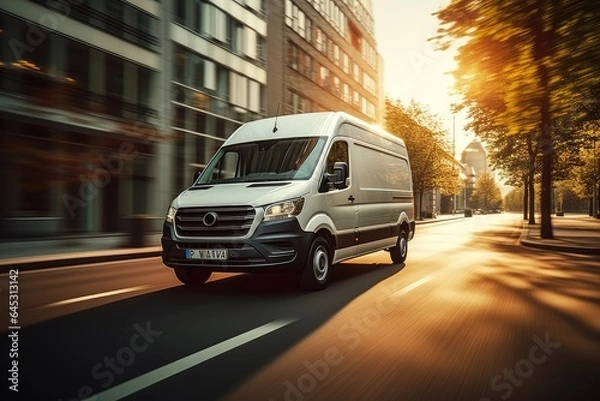 Obraz A white van driving through city streets. Moving and delivery concept.