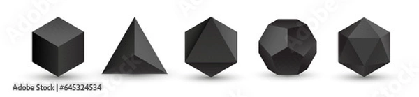 Fototapeta Set of black vector editable 3D platonic solids isolated on white background. Mathematical geometric figures such as cube, tetrahedron, octahedron, dodecahedron, icosahedron. Icon, logo, button.