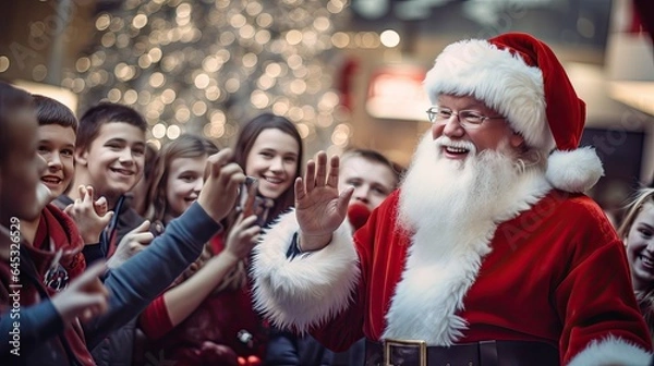 Fototapeta Santa Claus interacting with excited children in a mall, capturing the magic of belief