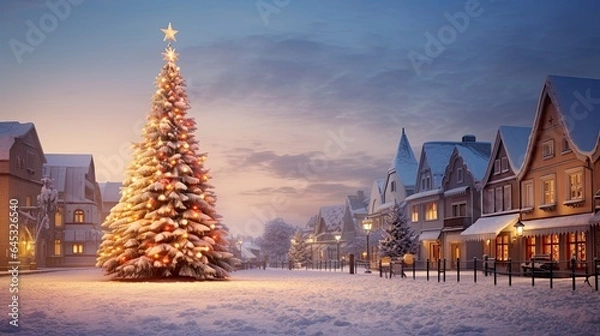 Fototapeta Snow-covered town square with a grand Christmas tree, emphasizing festive community spirit